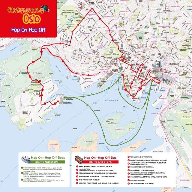 Mapa de Oslo Hop On Hop Off Bus tours